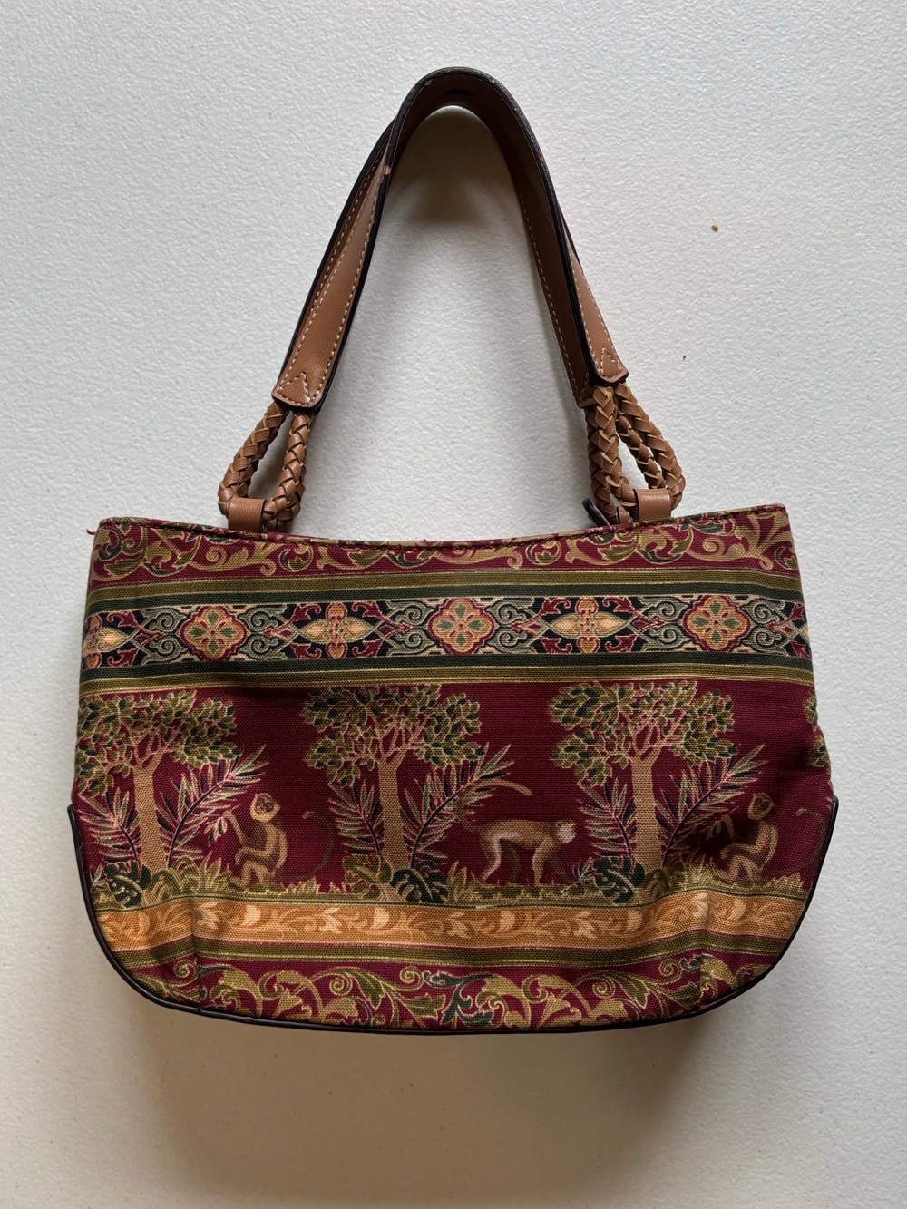 Relic Burgundy and Tan Woven Jungle monkey Motif Tote